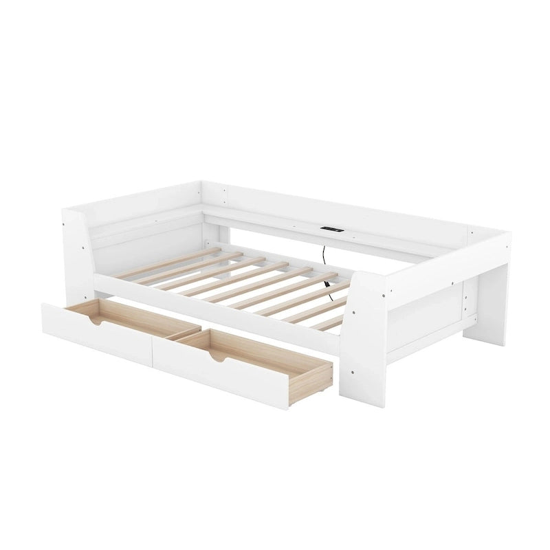 White/Gray Minimalist Twin Daybed with Storage & Charging Station, 1-Person