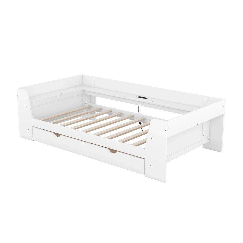 White/Gray Minimalist Twin Daybed with Storage & Charging Station, 1-Person