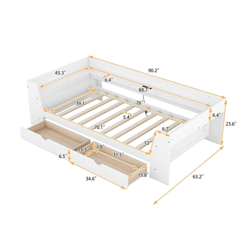 White/Gray Minimalist Twin Daybed with Storage & Charging Station, 1-Person