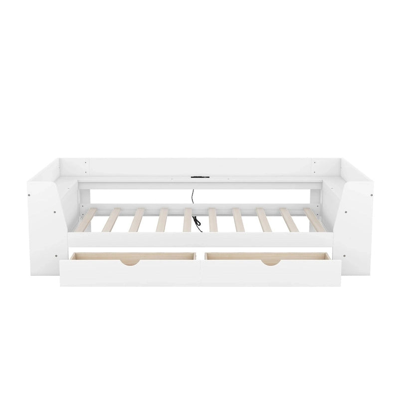 White/Gray Minimalist Twin Daybed with Storage & Charging Station, 1-Person