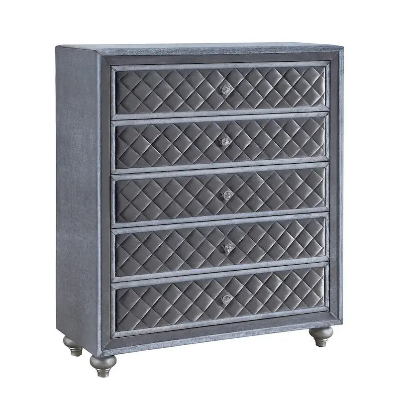 Gray Velvet 5-Drawer Dresser Chest with Crystal Knobs, Single