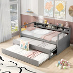 Grey/White Wood Daybed with 2 Trundles, Sleeps 3, USB Charging & LED Light