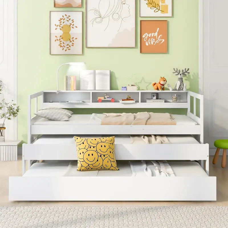 Grey/White Wood Daybed with 2 Trundles, Sleeps 3, USB Charging & LED Light