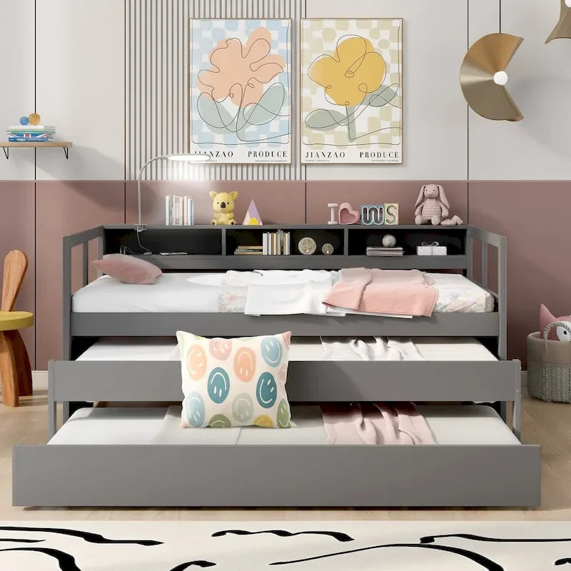 Grey/White Wood Daybed with 2 Trundles, Sleeps 3, USB Charging & LED Light