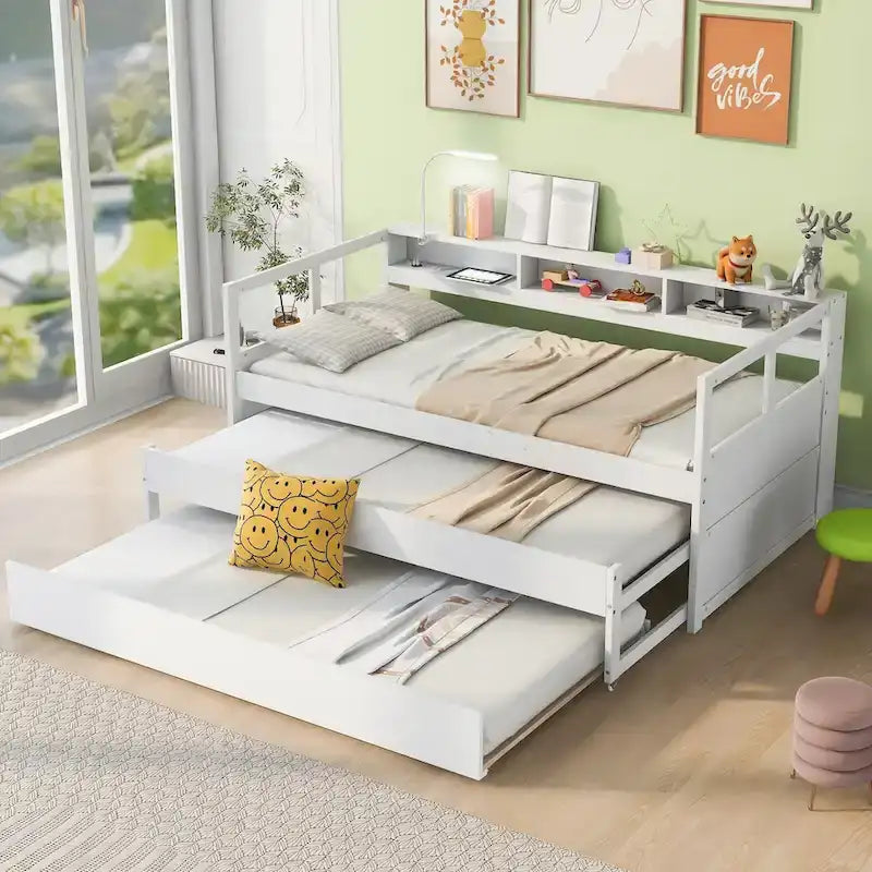 Grey/White Wood Daybed with 2 Trundles, Sleeps 3, USB Charging & LED Light