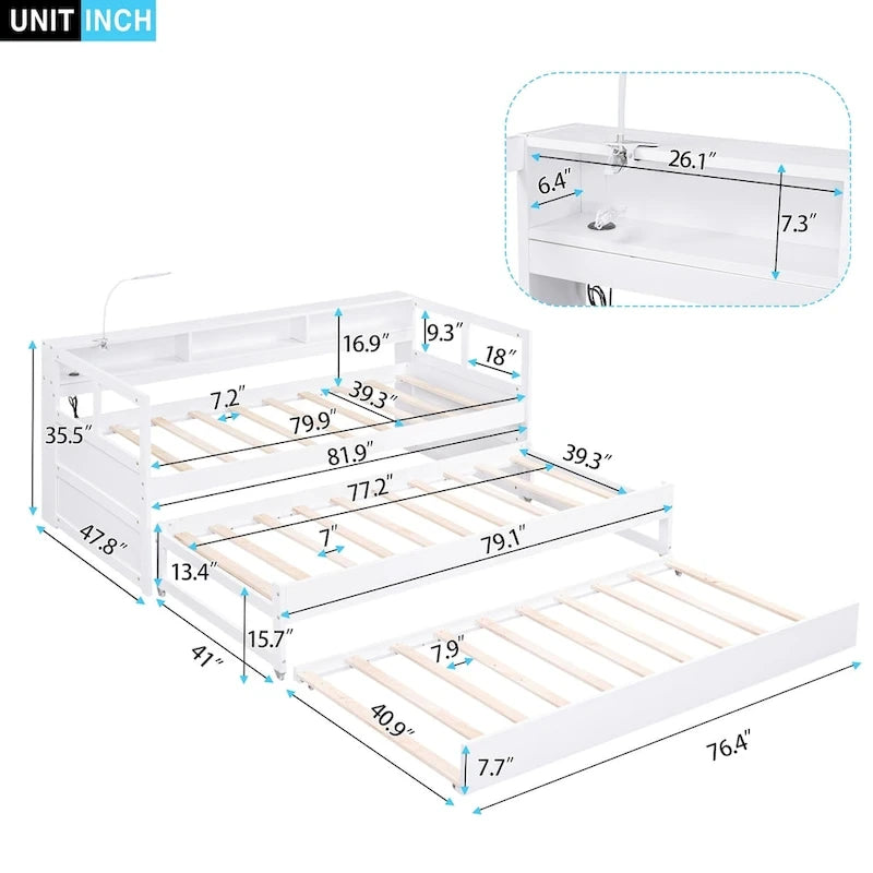 Grey/White Wood Daybed with 2 Trundles, Sleeps 3, USB Charging & LED Light