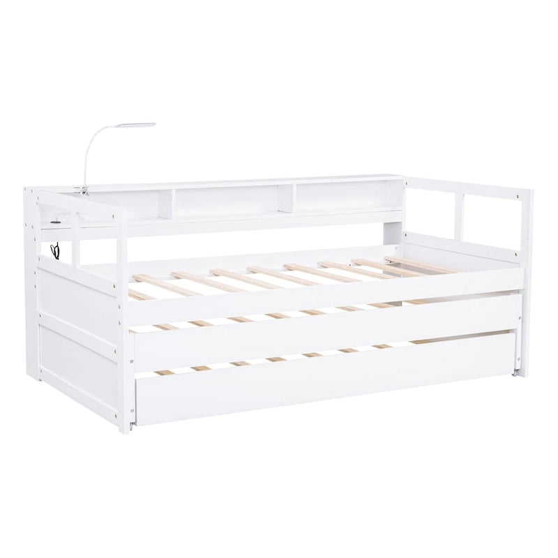 Grey/White Wood Daybed with 2 Trundles, Sleeps 3, USB Charging & LED Light