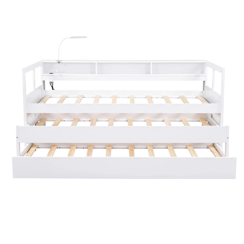 Grey/White Wood Daybed with 2 Trundles, Sleeps 3, USB Charging & LED Light