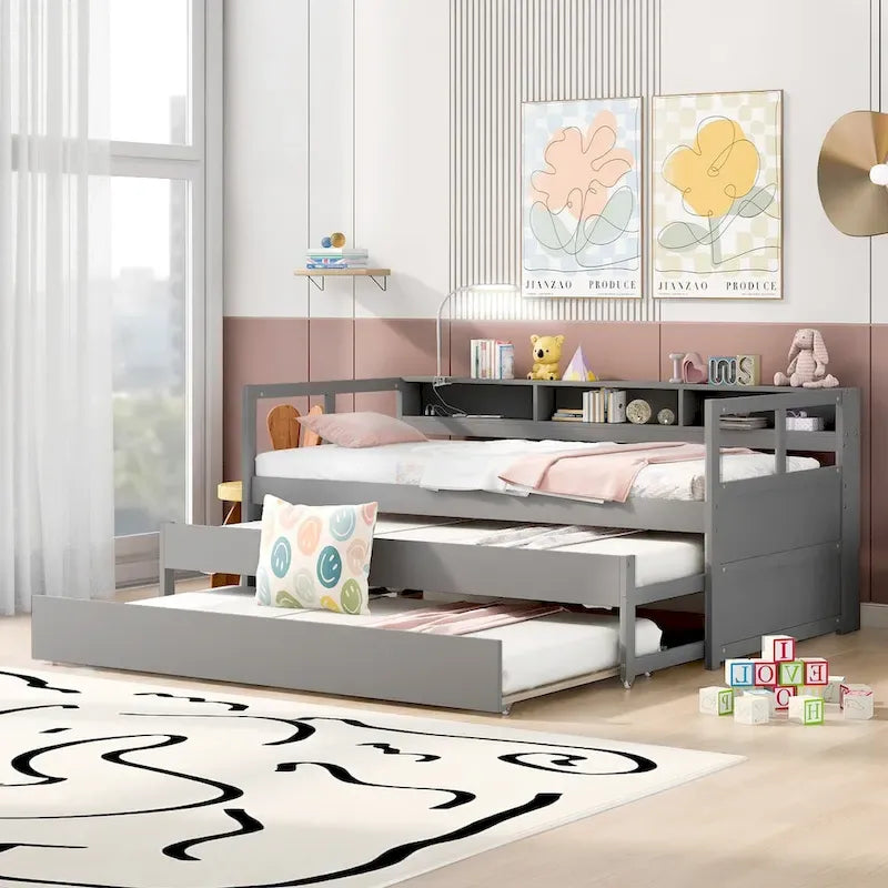 Grey/White Wood Daybed with 2 Trundles, Sleeps 3, USB Charging & LED Light