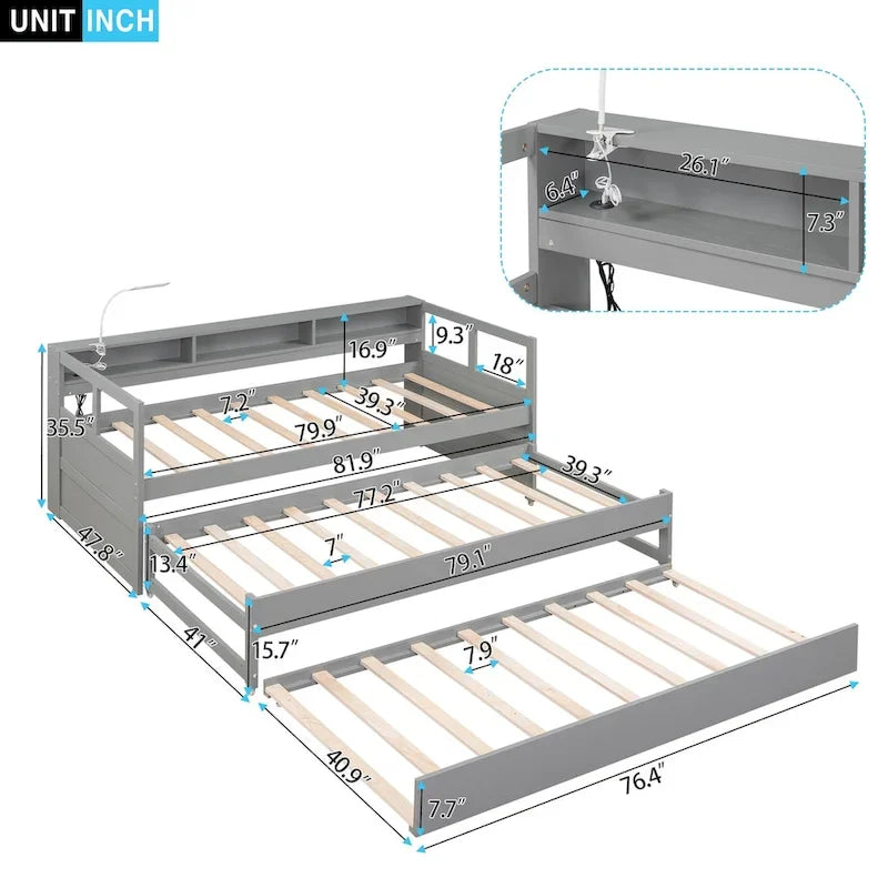 Grey/White Wood Daybed with 2 Trundles, Sleeps 3, USB Charging & LED Light