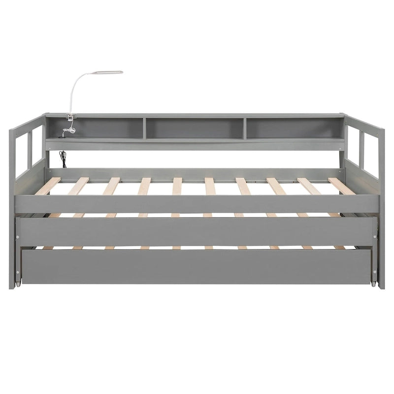 Grey/White Wood Daybed with 2 Trundles, Sleeps 3, USB Charging & LED Light