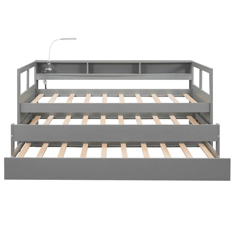 Grey/White Wood Daybed with 2 Trundles, Sleeps 3, USB Charging & LED Light