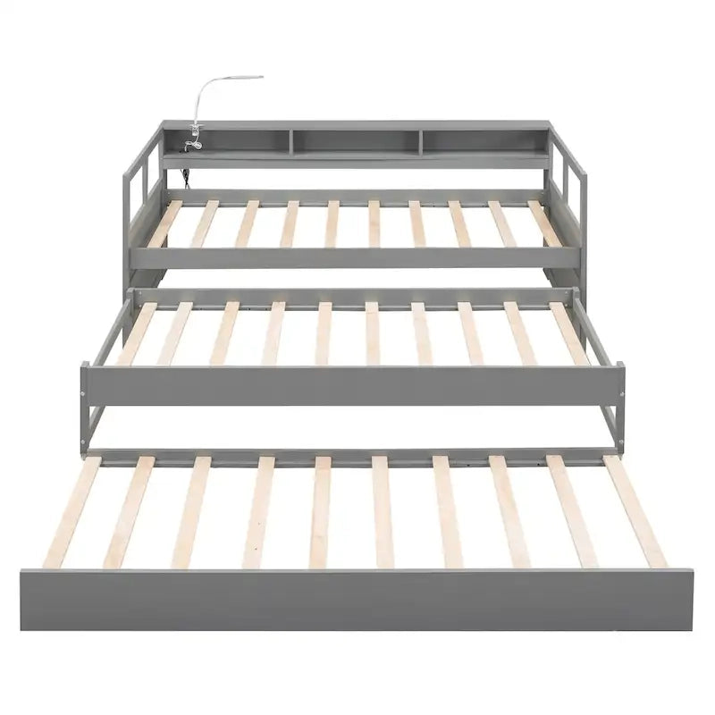 Grey/White Wood Daybed with 2 Trundles, Sleeps 3, USB Charging & LED Light