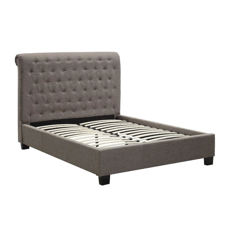 Grey Queen Bed, Button Tufted Upholstered Rolled Back, 1-Person