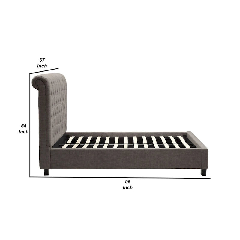 Grey Queen Bed, Button Tufted Upholstered Rolled Back, 1-Person