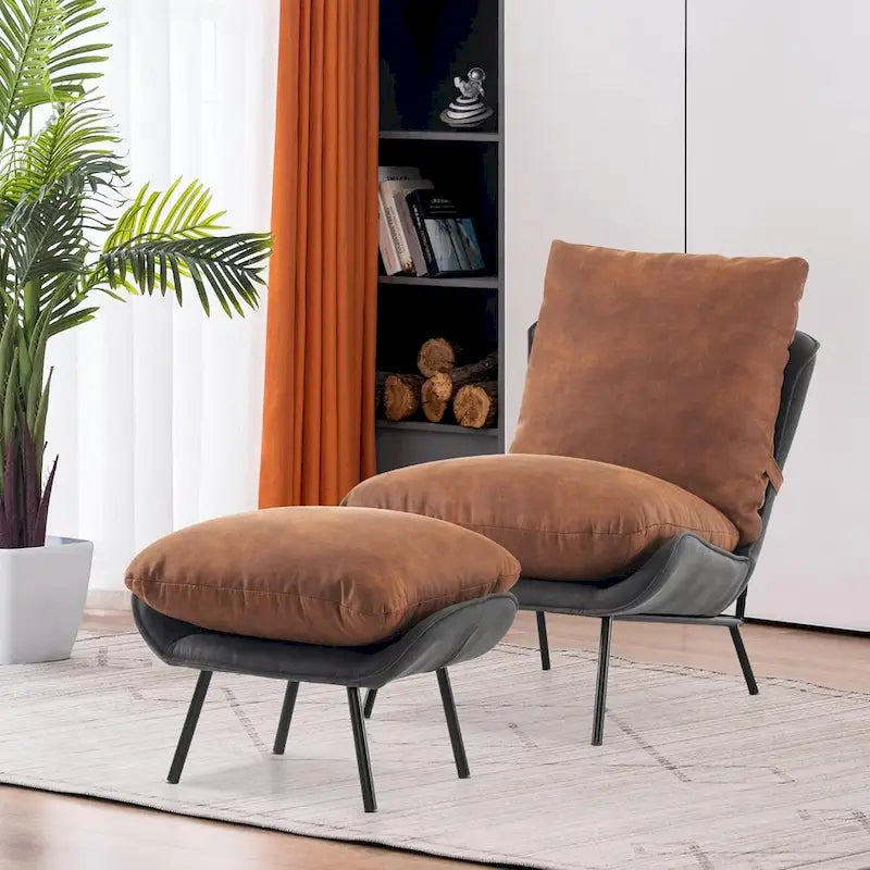 Dark Brown / Saddle / Grey Accent Chair with Ottoman, Leathaire Fabric, Set of 2, 1-Seater