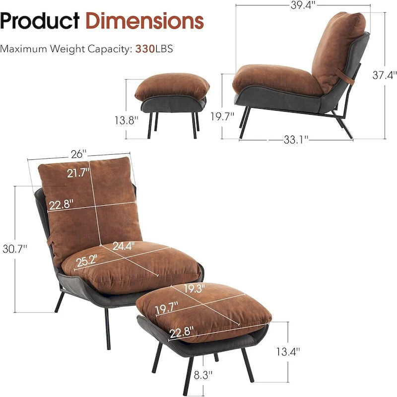 Dark Brown / Saddle / Grey Accent Chair with Ottoman, Leathaire Fabric, Set of 2, 1-Seater