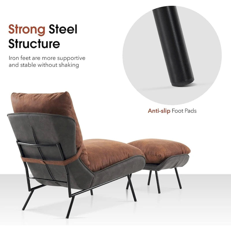 Dark Brown / Saddle / Grey Accent Chair with Ottoman, Leathaire Fabric, Set of 2, 1-Seater
