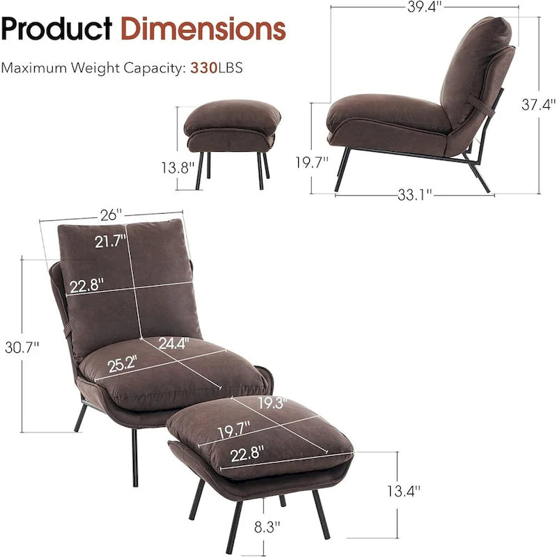 Dark Brown / Saddle / Grey Accent Chair with Ottoman, Leathaire Fabric, Set of 2, 1-Seater