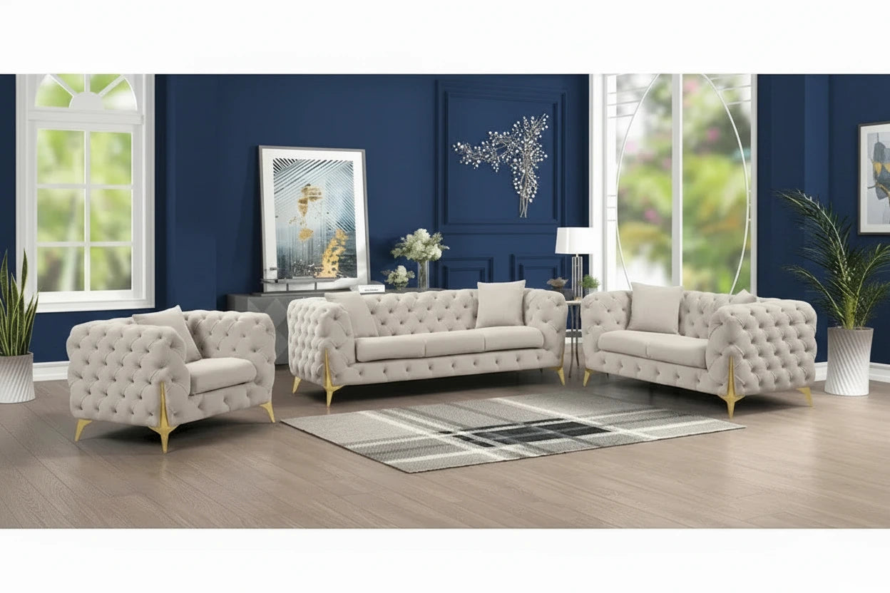 3 Pieces Mid-century Modern Buckle Fabric Living Room Sofa Set Sectional