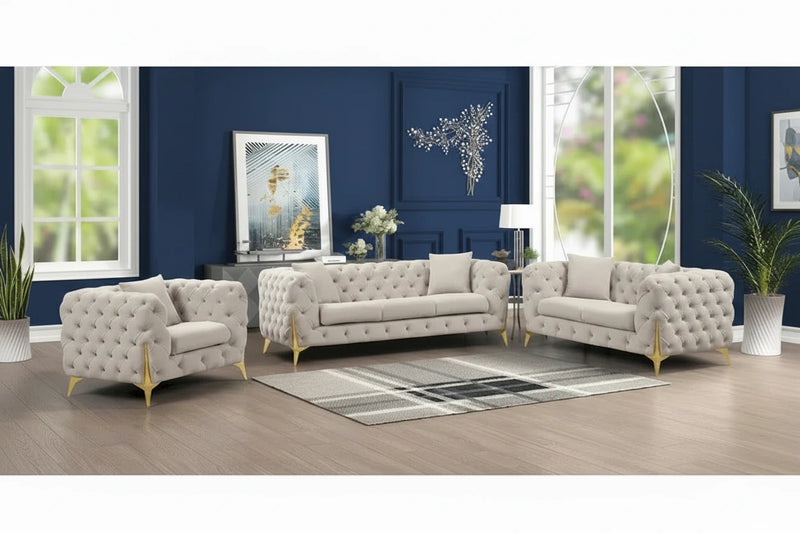 3 Pieces Mid-century Modern Buckle Fabric Living Room Sofa Set Sectional