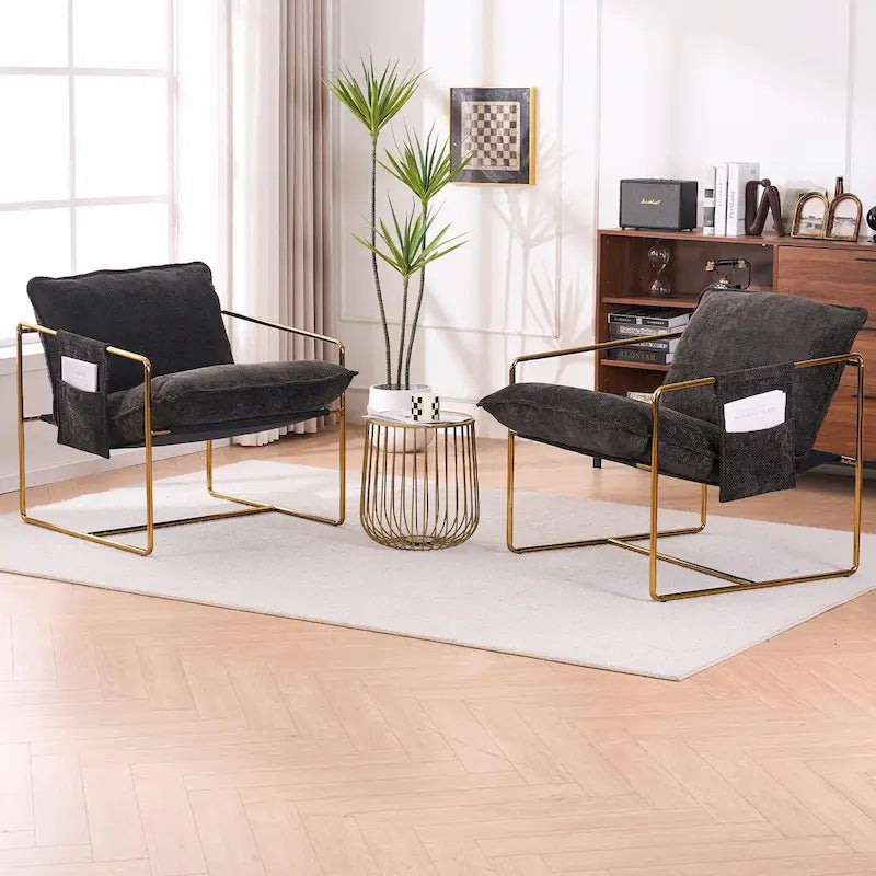 Dark Gray / Beige Velvet Accent Chair with Arm Pockets, Metal Frame, Set of 2
