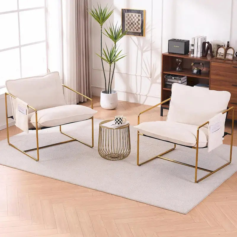 Dark Gray / Beige Velvet Accent Chair with Arm Pockets, Metal Frame, Set of 2