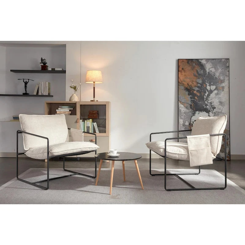 Dark Gray / Beige Velvet Accent Chair with Arm Pockets, Metal Frame, Set of 2