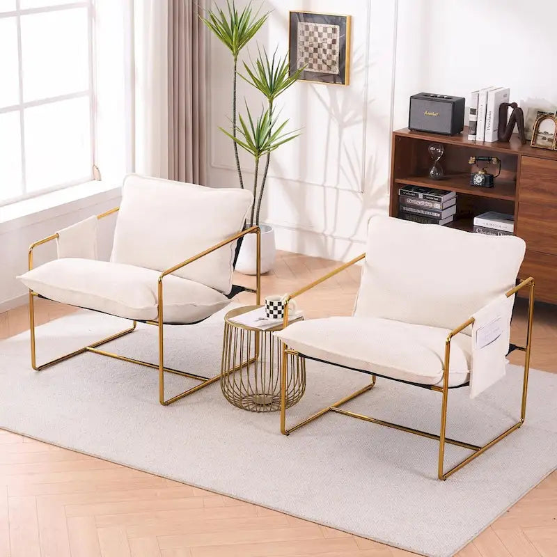 Dark Gray / Beige Velvet Accent Chair with Arm Pockets, Metal Frame, Set of 2