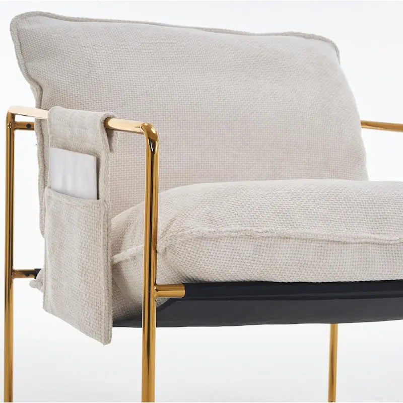 Dark Gray / Beige Velvet Accent Chair with Arm Pockets, Metal Frame, Set of 2