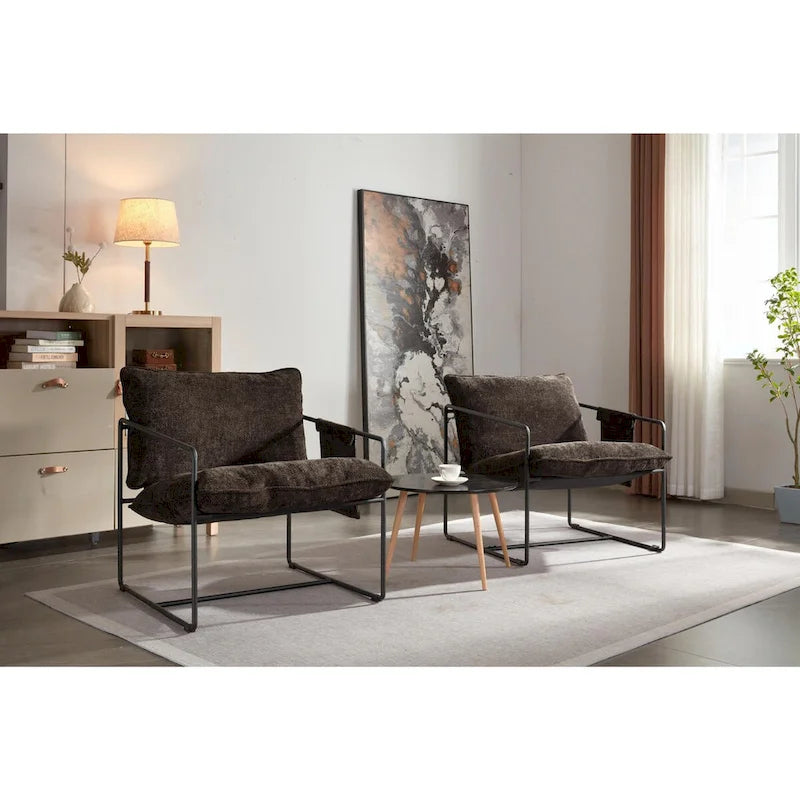 Dark Gray / Beige Velvet Accent Chair with Arm Pockets, Metal Frame, Set of 2