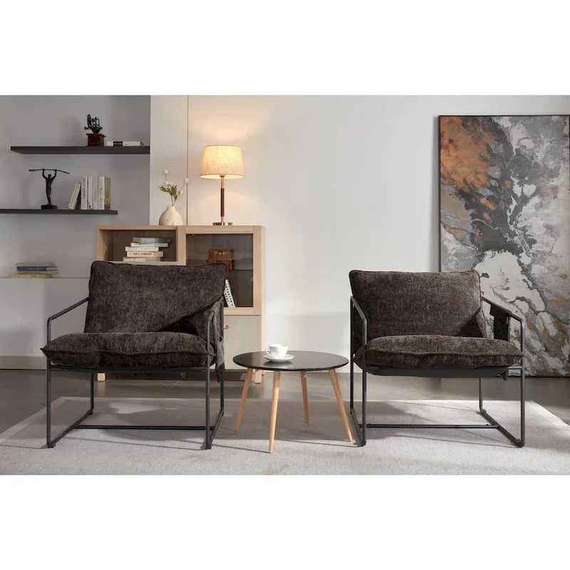 Dark Gray / Beige Velvet Accent Chair with Arm Pockets, Metal Frame, Set of 2