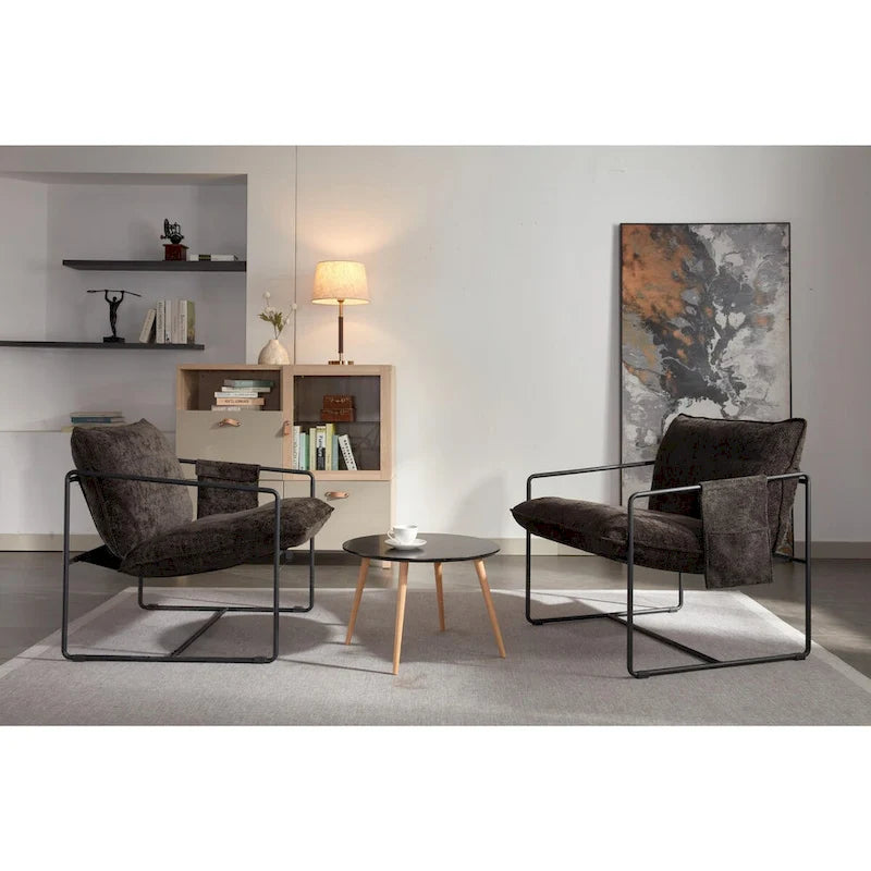 Dark Gray / Beige Velvet Accent Chair with Arm Pockets, Metal Frame, Set of 2