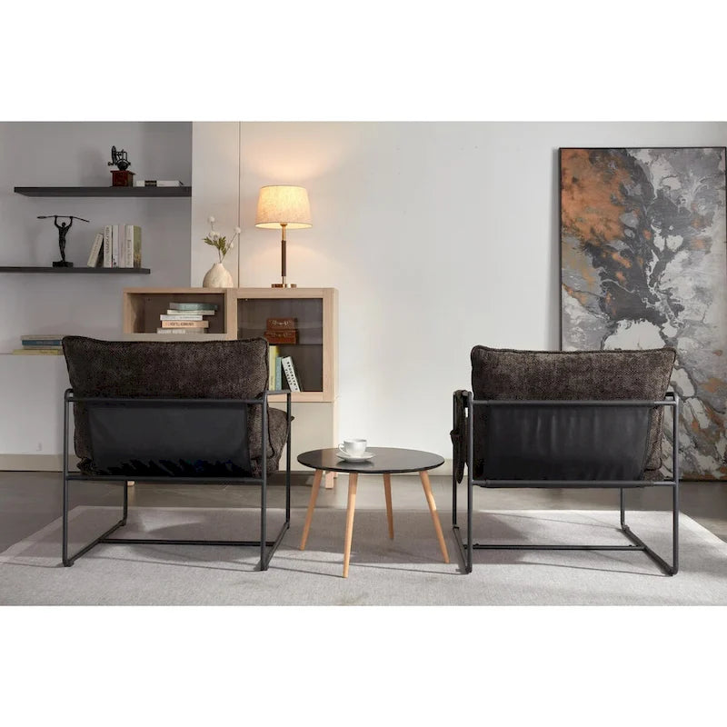 Dark Gray / Beige Velvet Accent Chair with Arm Pockets, Metal Frame, Set of 2