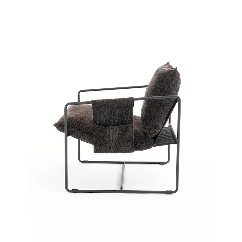 Dark Gray / Beige Velvet Accent Chair with Arm Pockets, Metal Frame, Set of 2