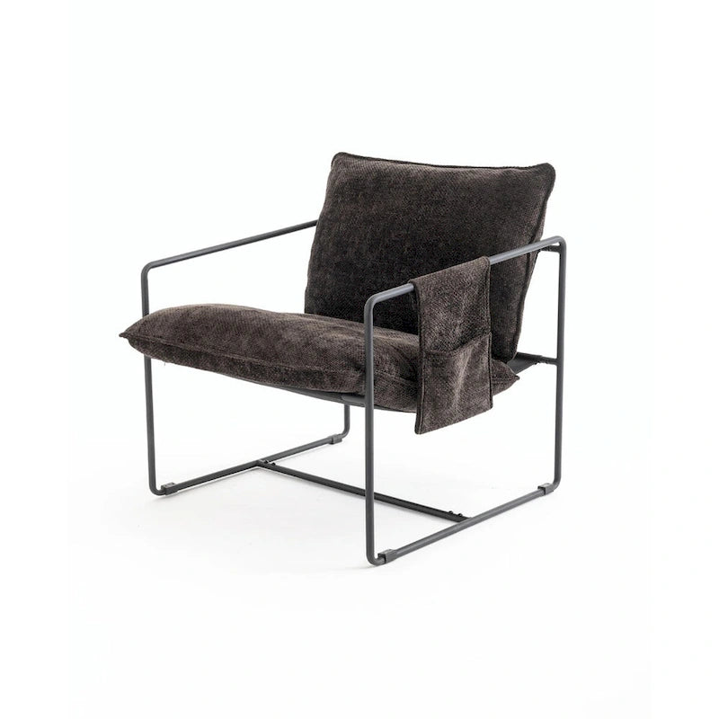 Dark Gray / Beige Velvet Accent Chair with Arm Pockets, Metal Frame, Set of 2