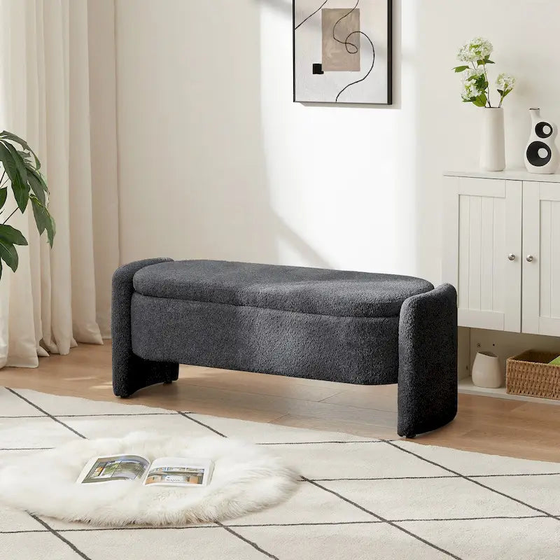 Dark Gray / Cream White Oval Storage Ottoman Bench, Lamb Fleece Fabric, 1–2 Person