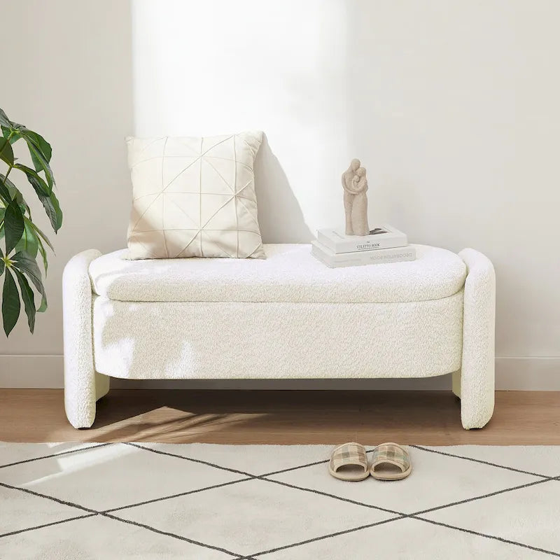 Dark Gray / Cream White Oval Storage Ottoman Bench, Lamb Fleece Fabric, 1–2 Person