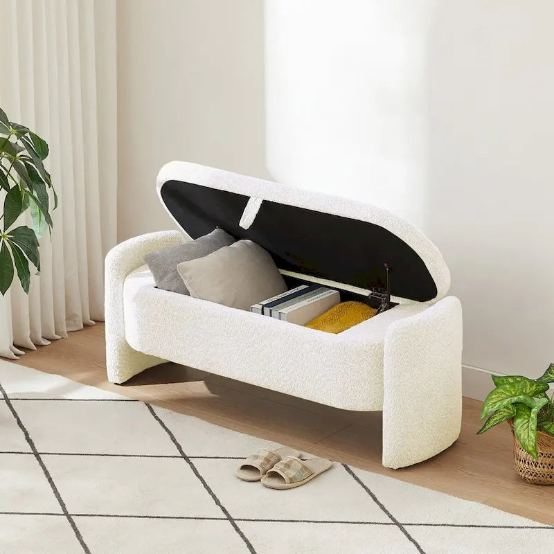 Dark Gray / Cream White Oval Storage Ottoman Bench, Lamb Fleece Fabric, 1–2 Person