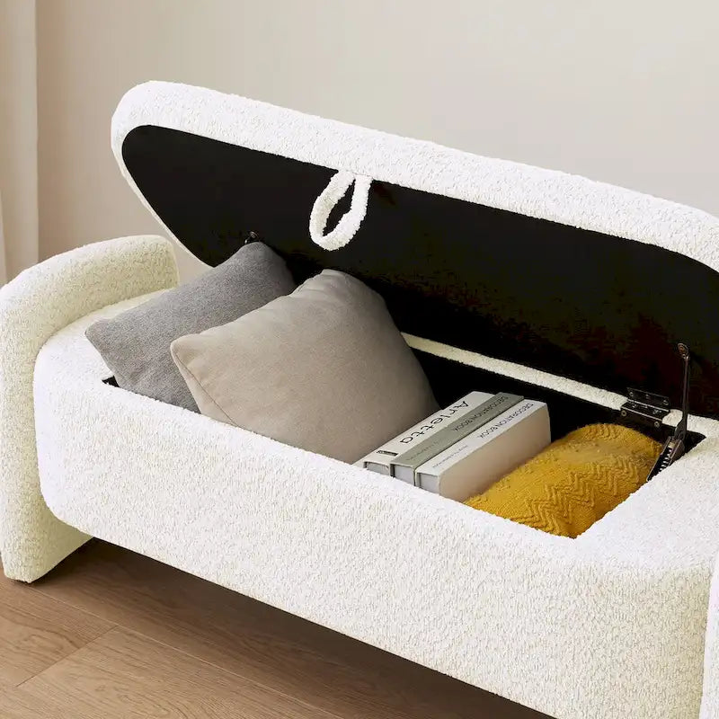 Dark Gray / Cream White Oval Storage Ottoman Bench, Lamb Fleece Fabric, 1–2 Person