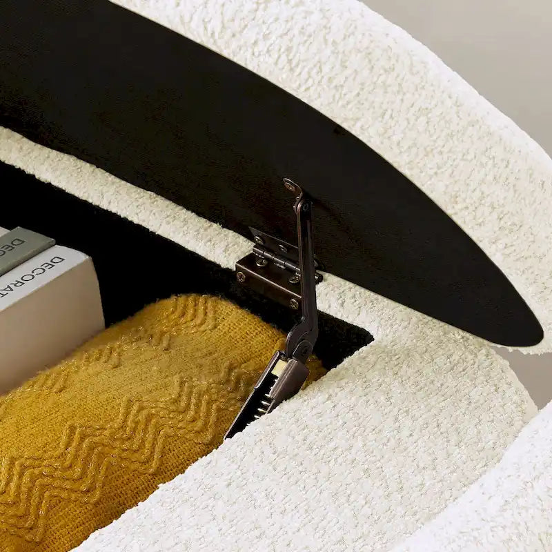 Dark Gray / Cream White Oval Storage Ottoman Bench, Lamb Fleece Fabric, 1–2 Person