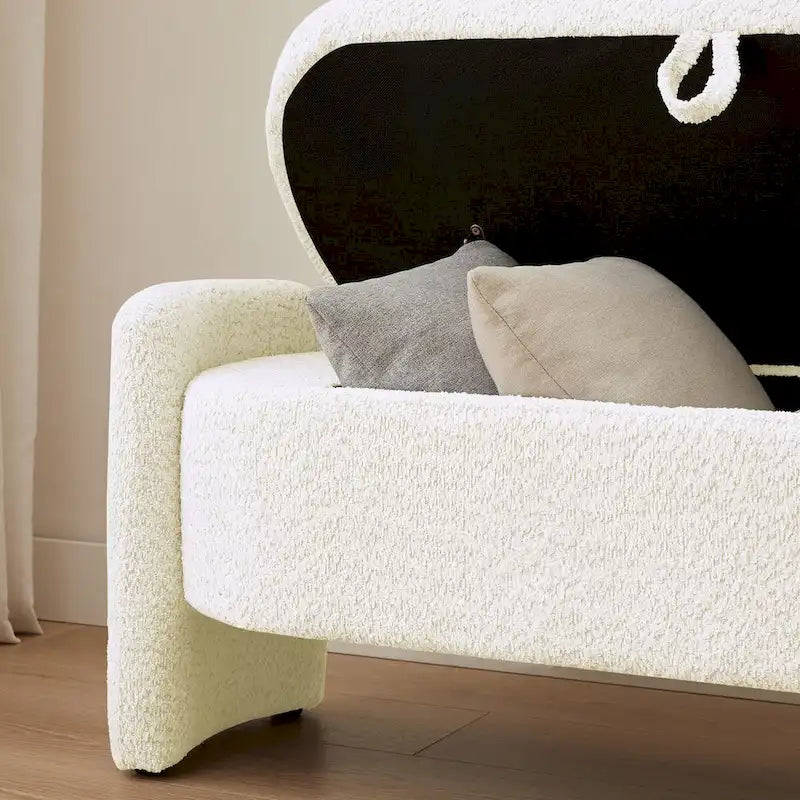 Dark Gray / Cream White Oval Storage Ottoman Bench, Lamb Fleece Fabric, 1–2 Person
