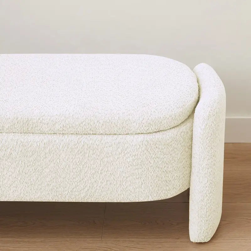 Dark Gray / Cream White Oval Storage Ottoman Bench, Lamb Fleece Fabric, 1–2 Person