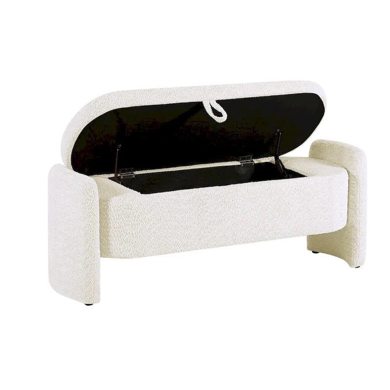 Dark Gray / Cream White Oval Storage Ottoman Bench, Lamb Fleece Fabric, 1–2 Person