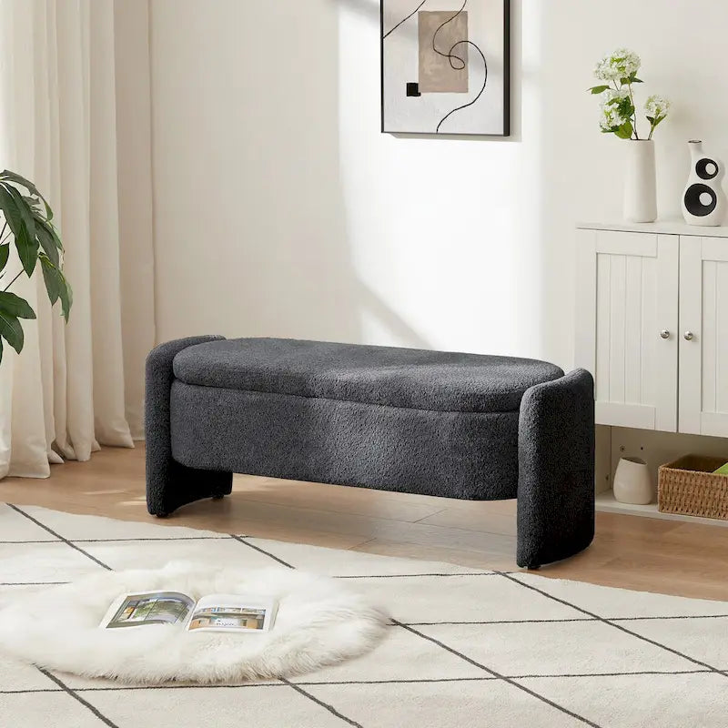 Dark Gray / Cream White Oval Storage Ottoman Bench, Lamb Fleece Fabric, 1–2 Person