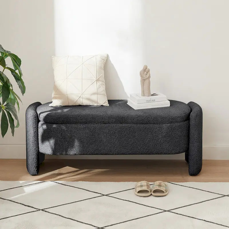 Dark Gray / Cream White Oval Storage Ottoman Bench, Lamb Fleece Fabric, 1–2 Person