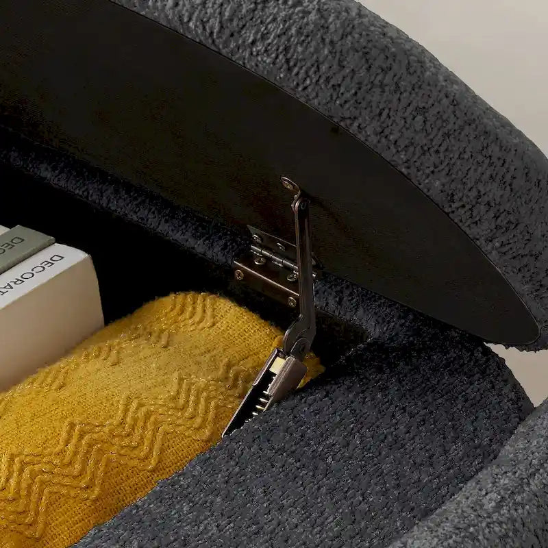 Dark Gray / Cream White Oval Storage Ottoman Bench, Lamb Fleece Fabric, 1–2 Person