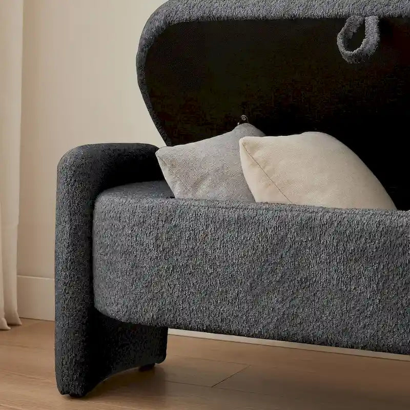 Dark Gray / Cream White Oval Storage Ottoman Bench, Lamb Fleece Fabric, 1–2 Person