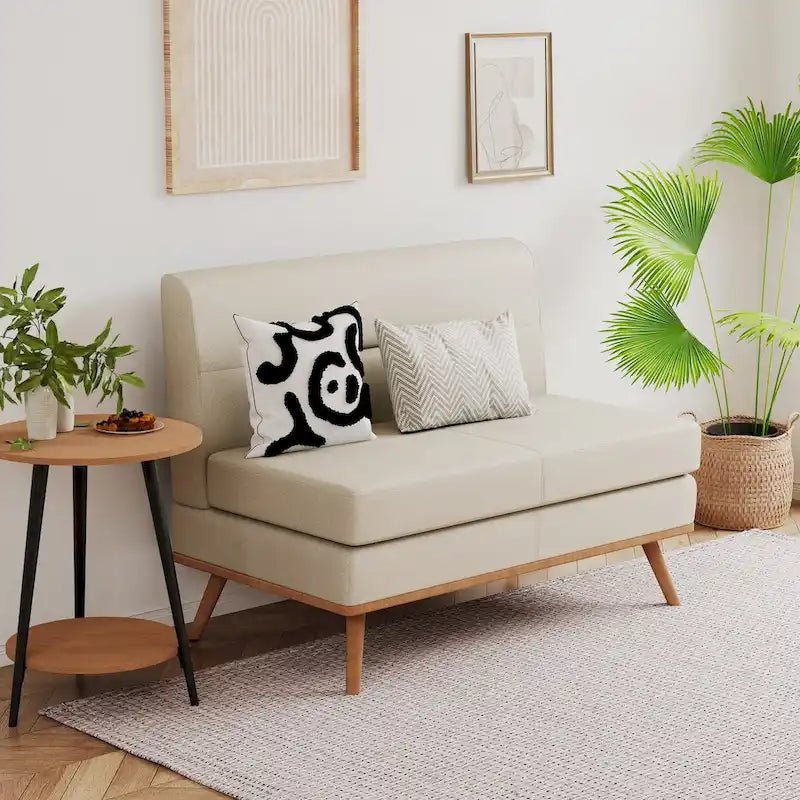 Grey / Beige Armless Loveseat Sofa, Faux Leather, 2-Seater