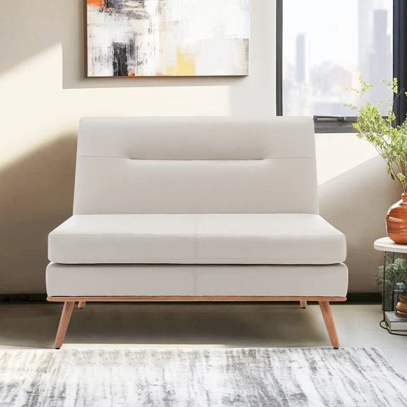 Grey / Beige Armless Loveseat Sofa, Faux Leather, 2-Seater